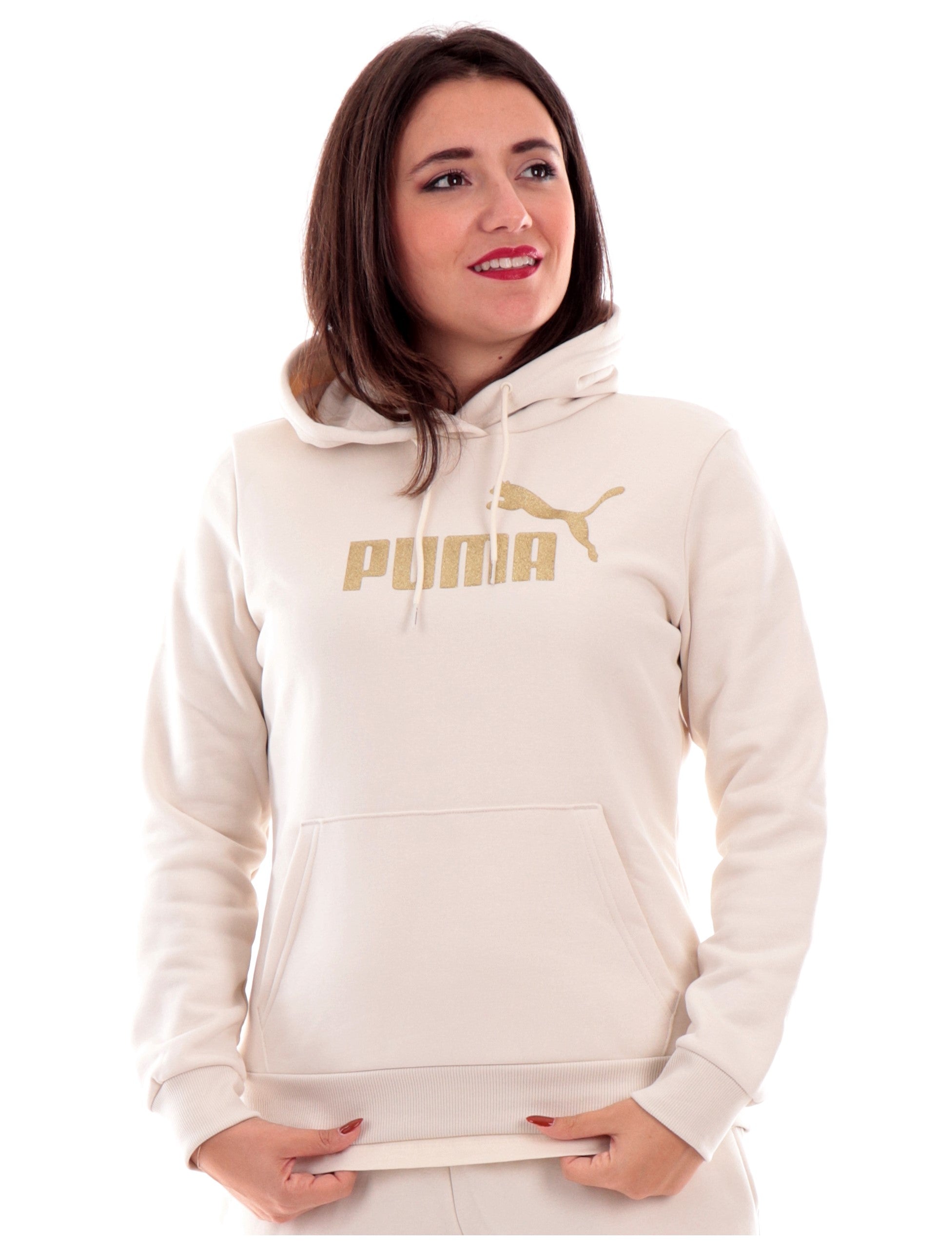 Felpa Puma beige da donna logo glitter con cappuccio 684767 – Sir126