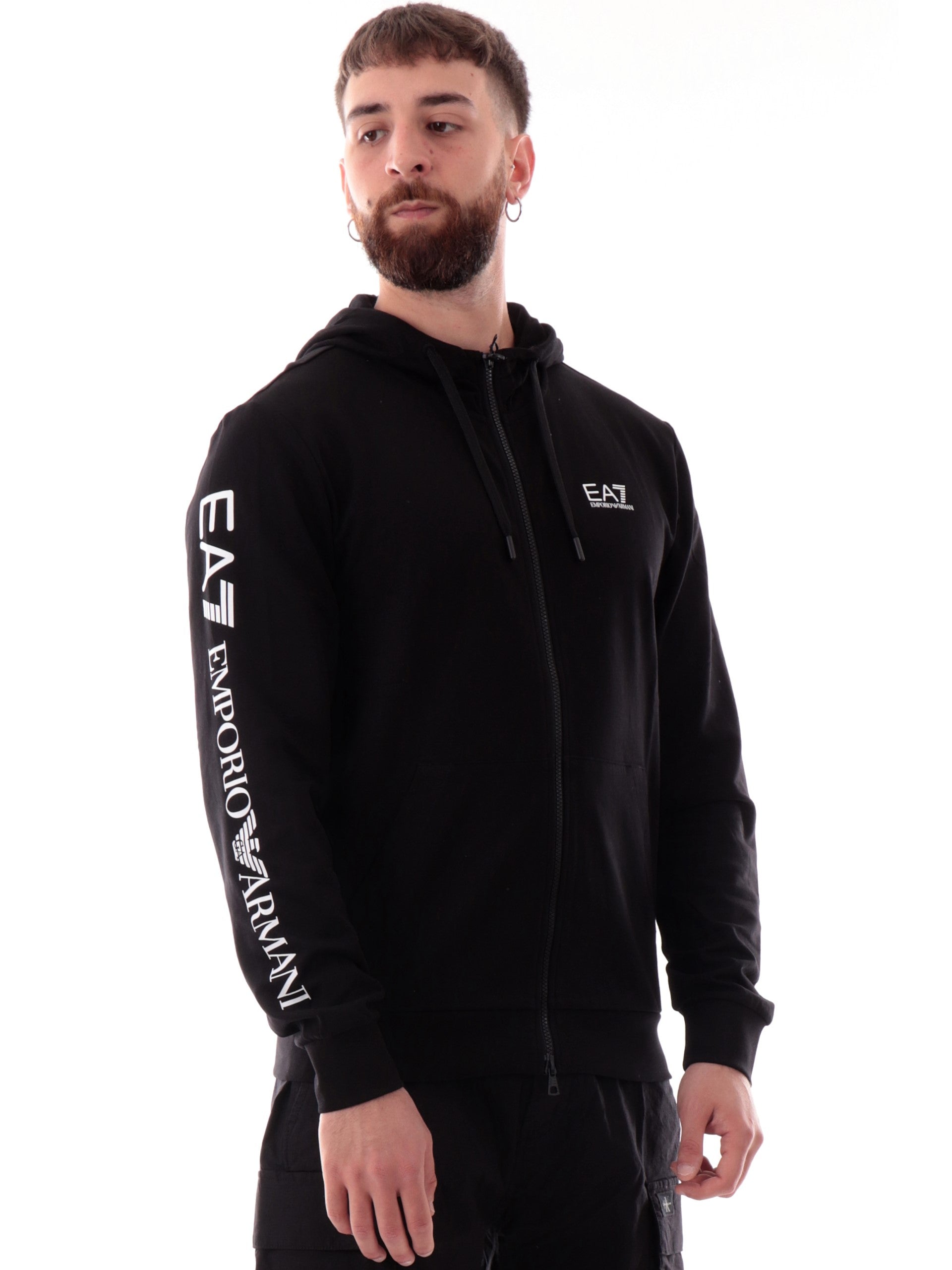 EA7 Emporio Armani Felpa Con Cappuccio Nera 6DPM10-PJVTZ - 85% Cotone, 15% Poliestere, Taglia 2XL, Maxi Logo A Contrasto