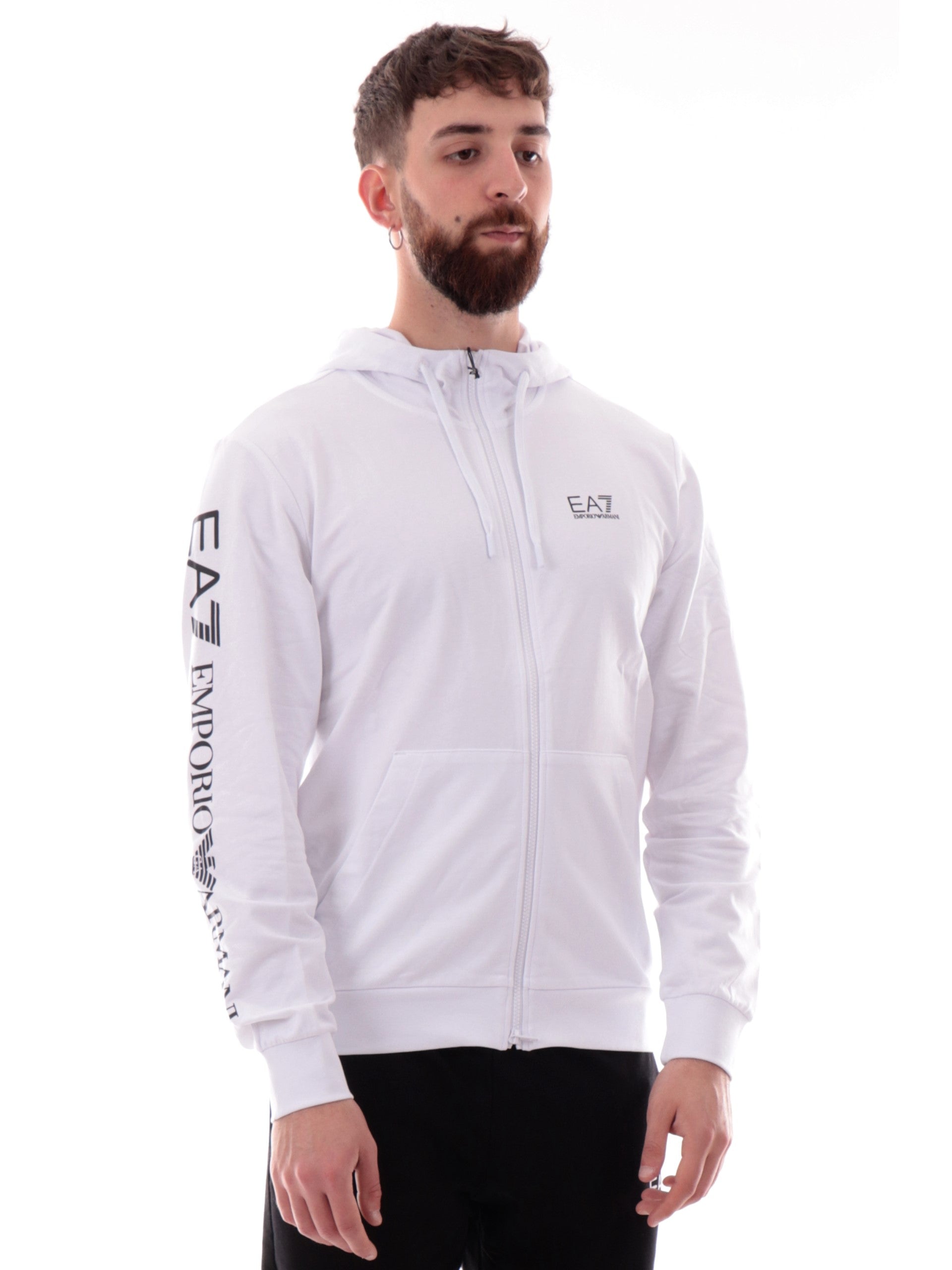 Felpa Emporio Armani EA7 bianca da uomo full zip con cappuccio