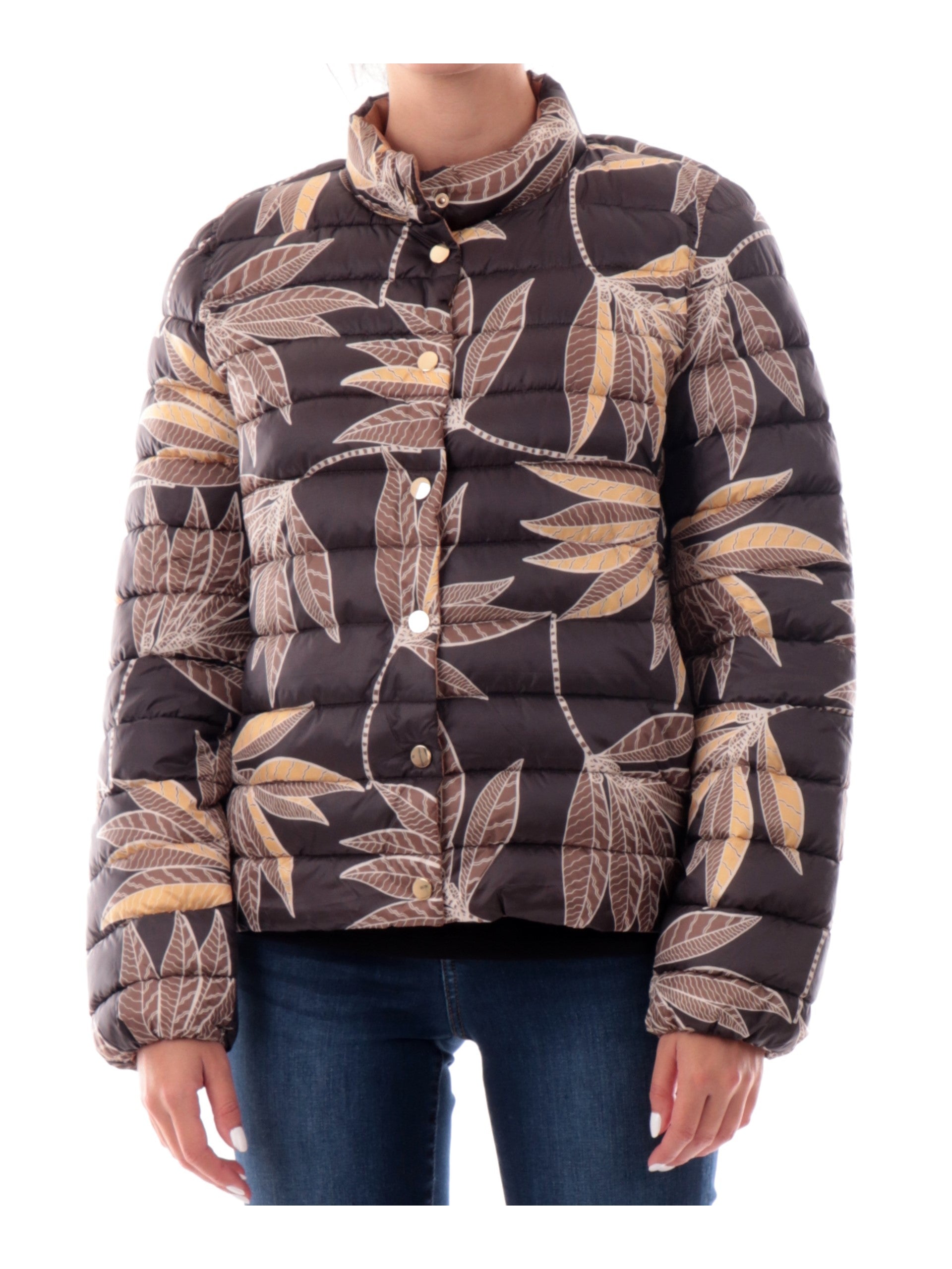 Piumino Emme Marella reversibile beige e foglie foliage marrone