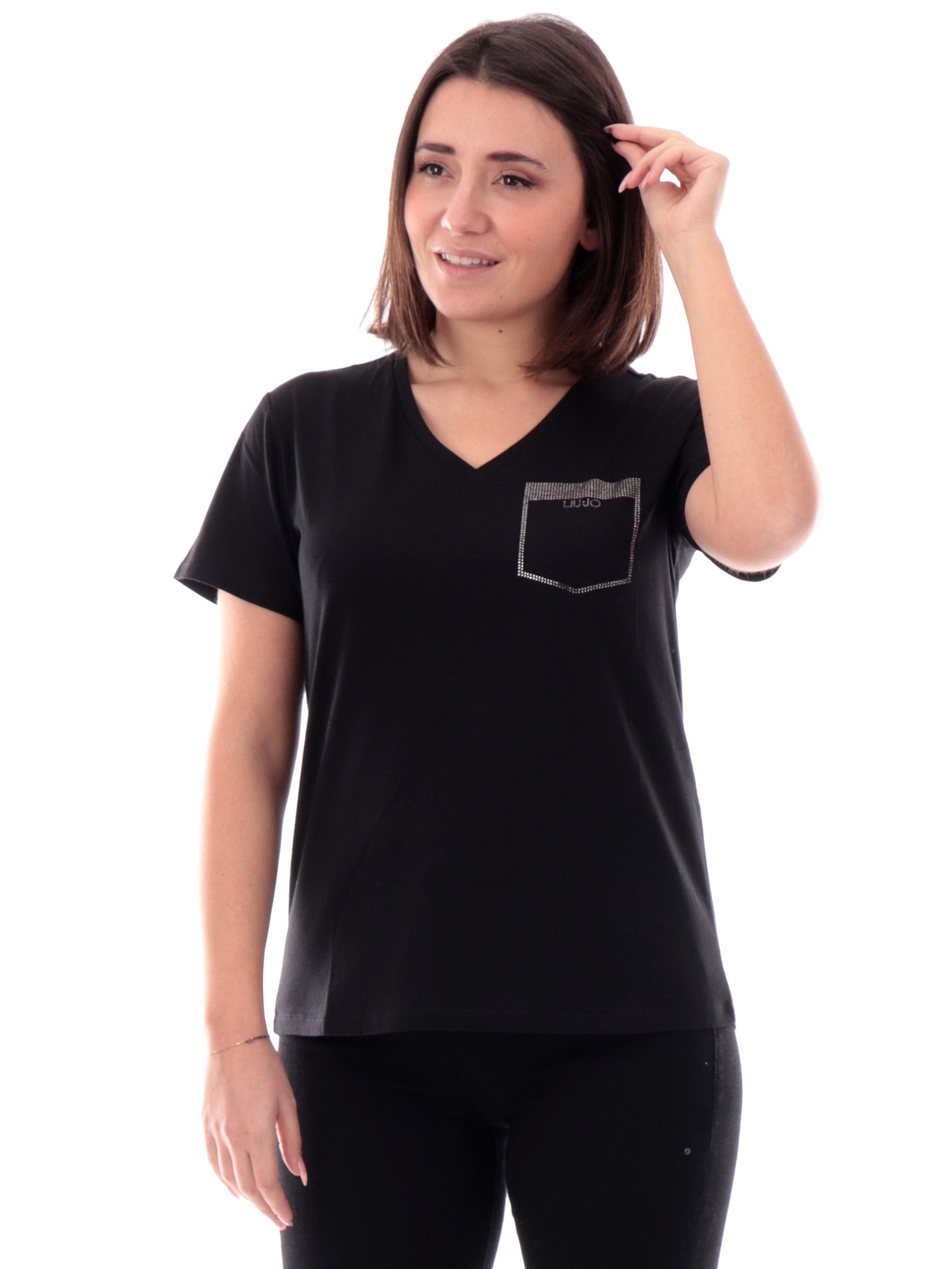 T-Shirt Liu Jo Nera da donna scollo a v e taschino strass