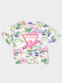 t-shirt guess crop bianca da bambina a fiori logo rosa 