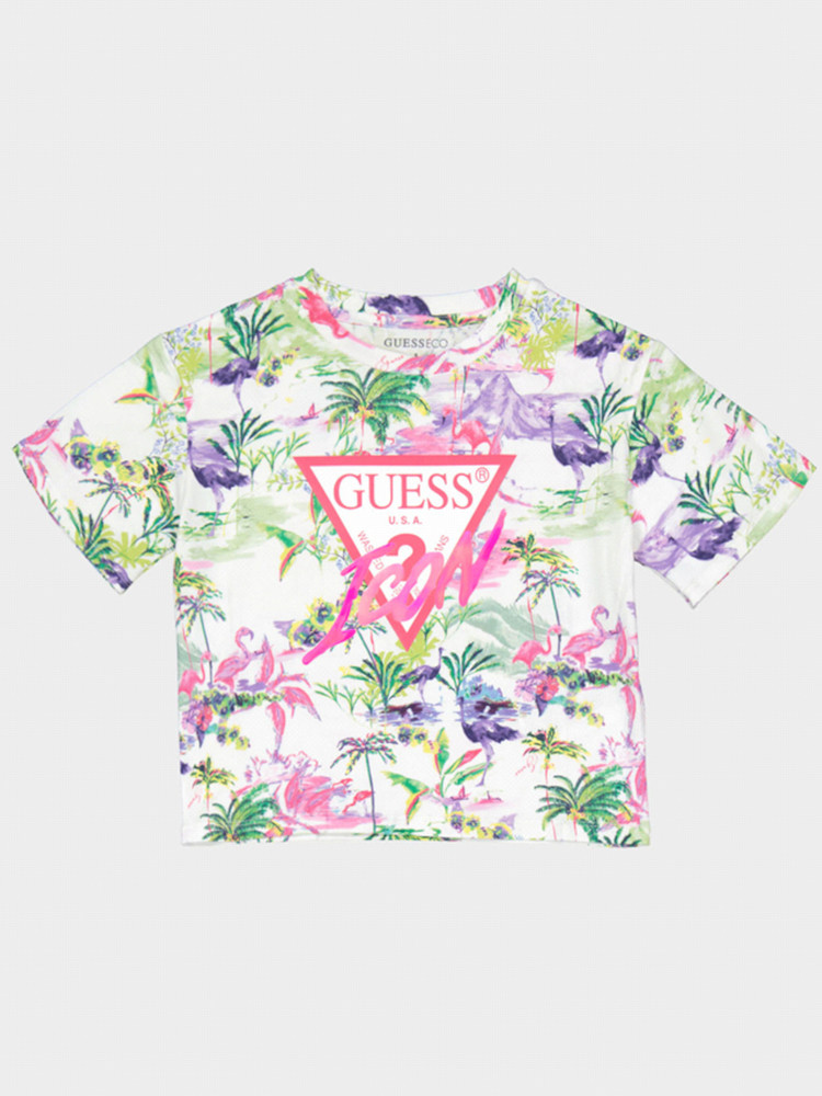 t-shirt-guess-crop-bianca-da-bambina-a-fiori-logo-rosa