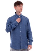 camicia bastoncino da uomo blu di lino b050 